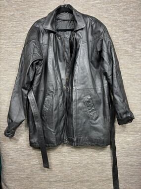 Content Coat Mens Medium Black Leather Belted Zip Pockets Lined Overcoat Casual